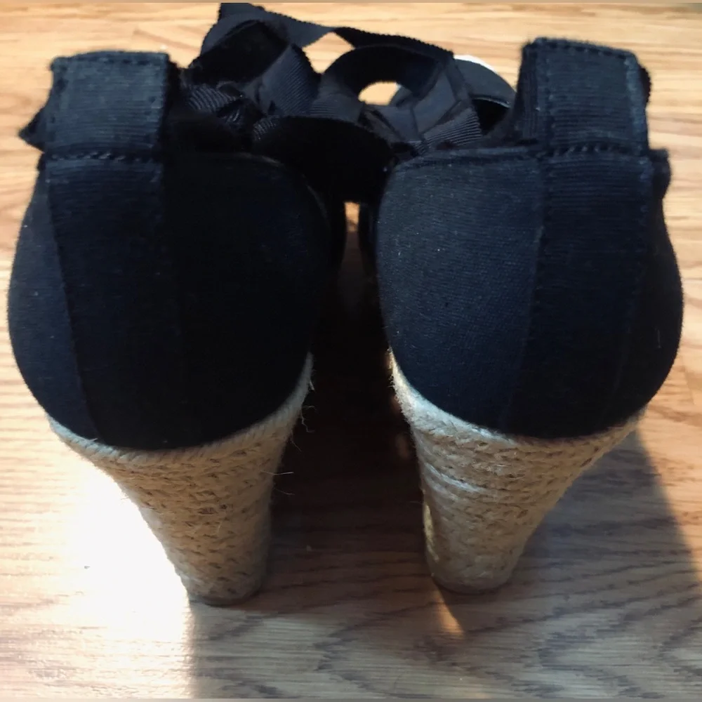 Mossimo Black Espadrille Shoes 4” inch Platform Straw Heel & Tie Accent Size 7